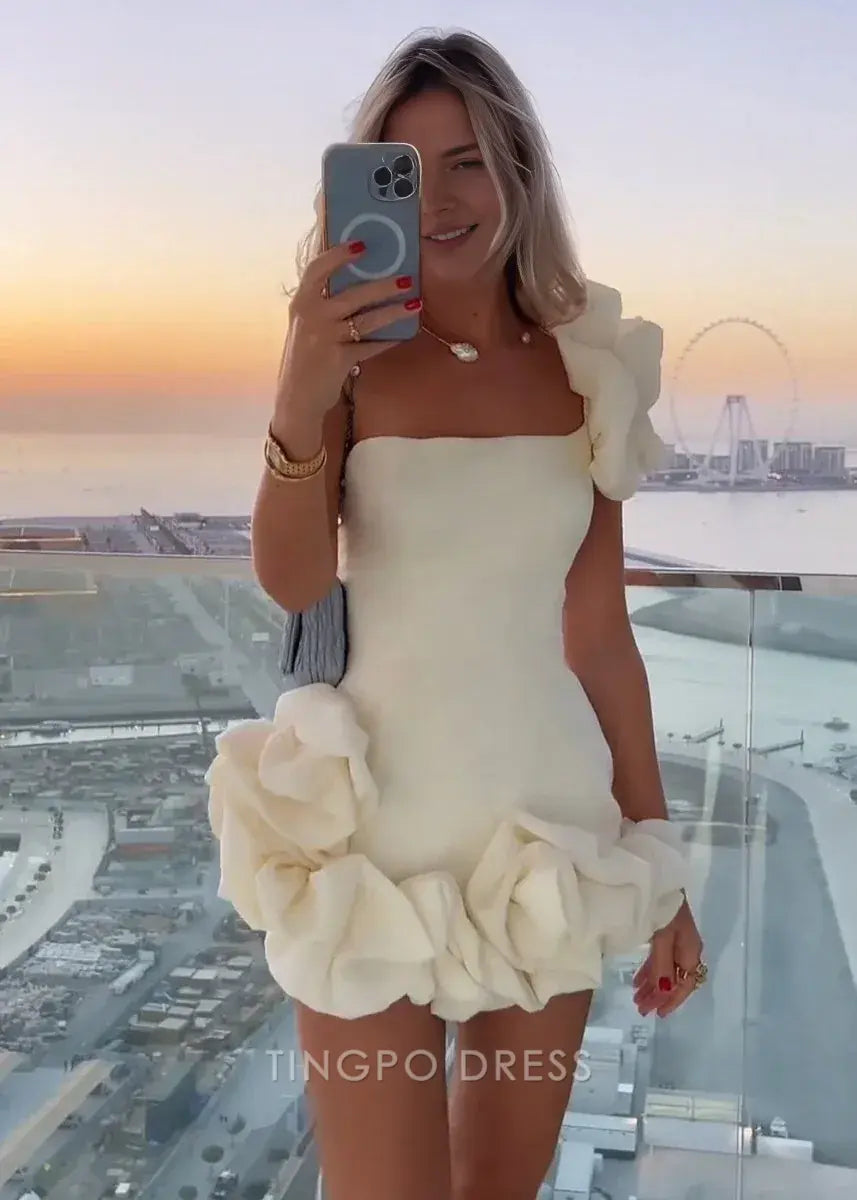 Elegant One - Shoulder Ruffle Mini Dress with Lace - Up Back Prom Dress